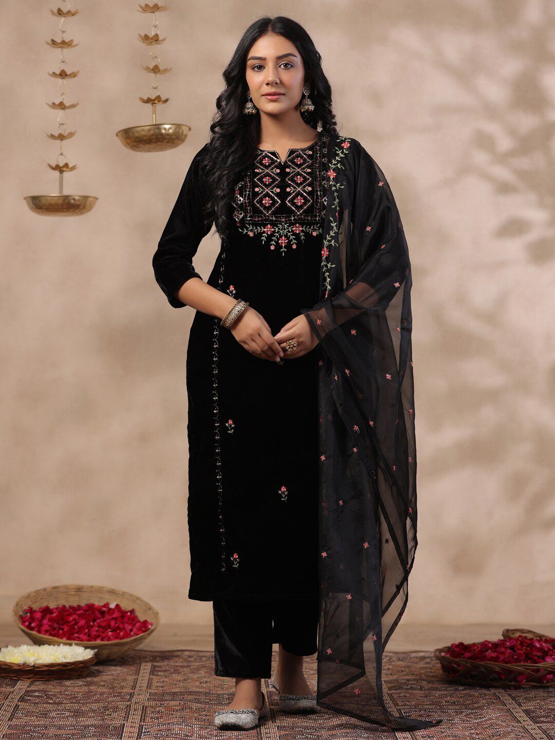 Dhiyona IS Women's Ethnic Motifs Thread Work Notch Neck Velvet Yoke Design Kurta With Trouser & Dupatta