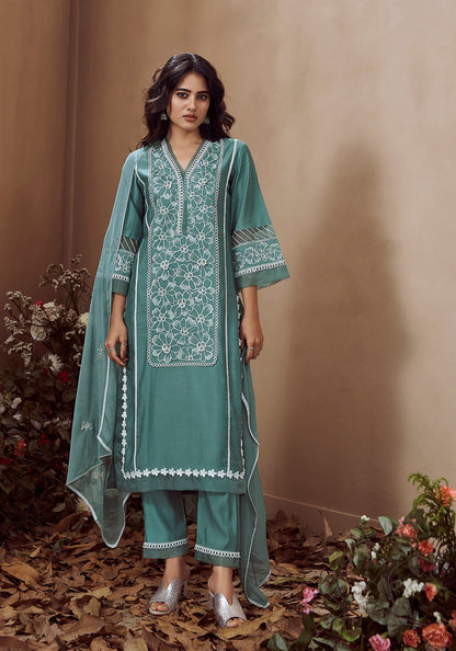 RIMJHIM TEAL EMBROIDERED SUIT SET