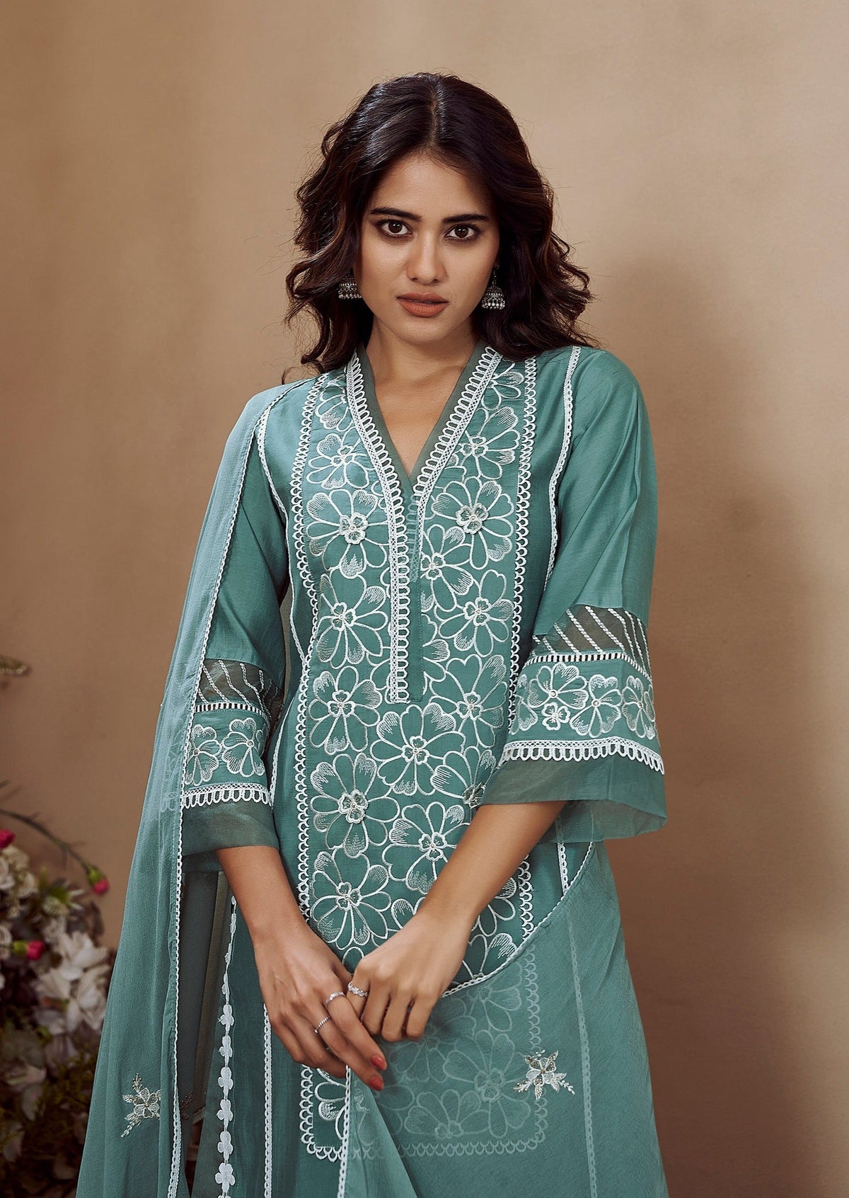 RIMJHIM TEAL EMBROIDERED SUIT SET