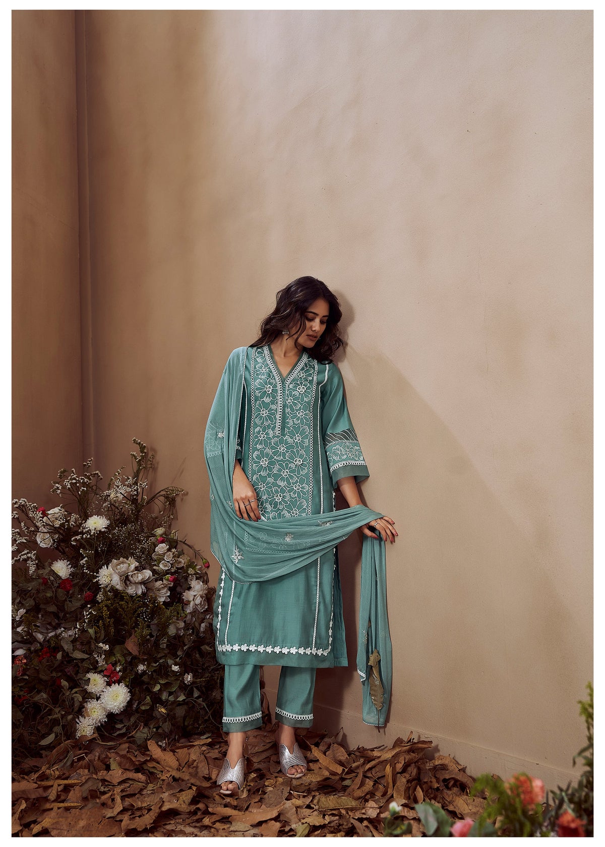 RIMJHIM TEAL EMBROIDERED SUIT SET