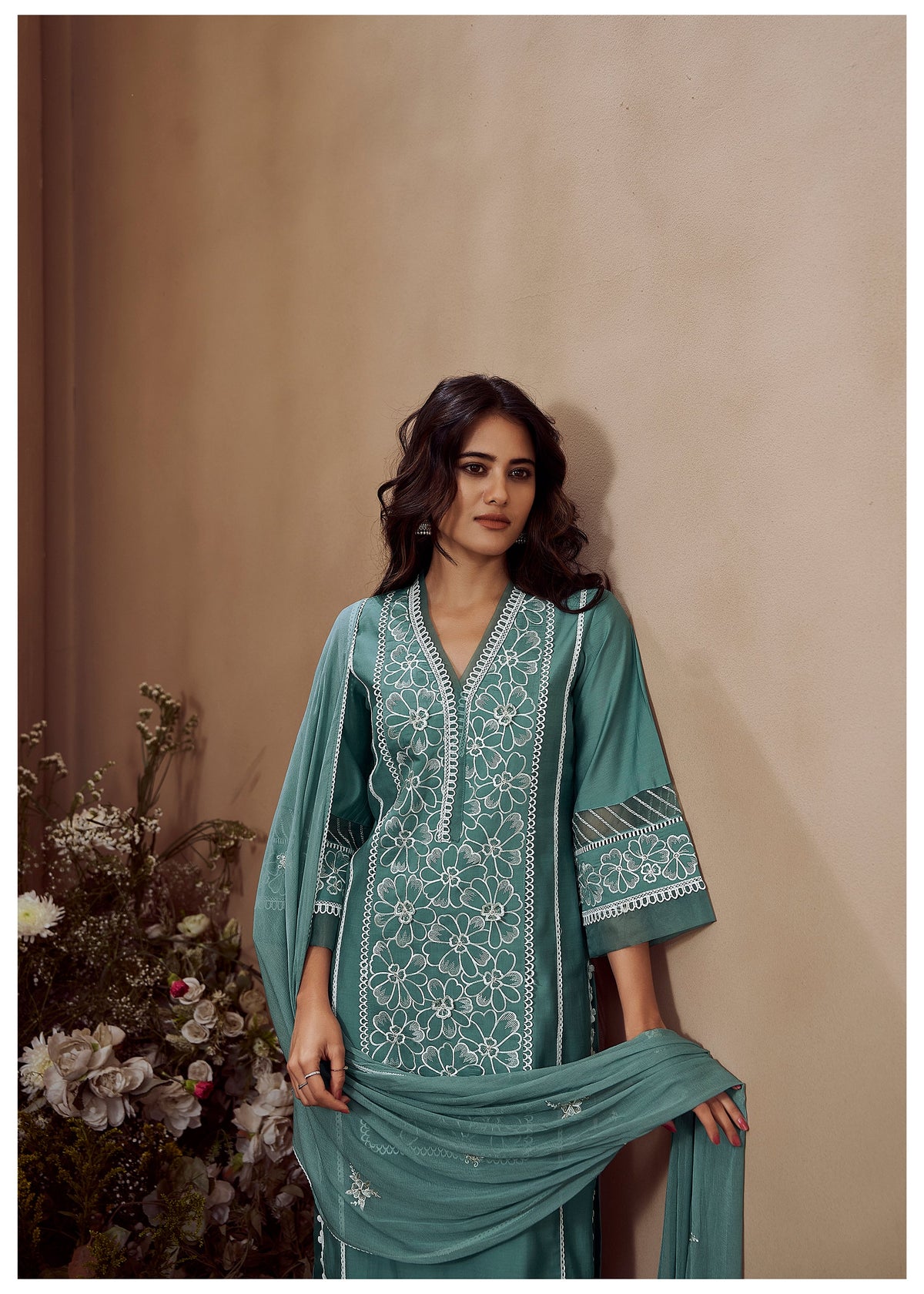 RIMJHIM TEAL EMBROIDERED SUIT SET