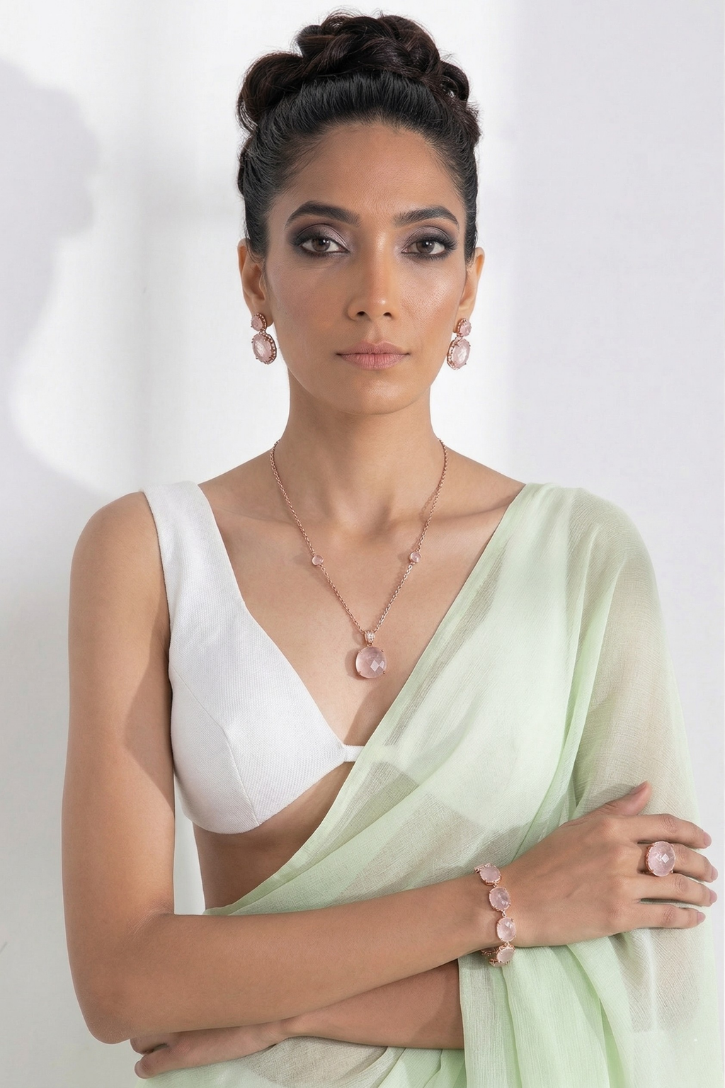 Dhiyona ST White and Sage Green Saree with Blouse Fabric