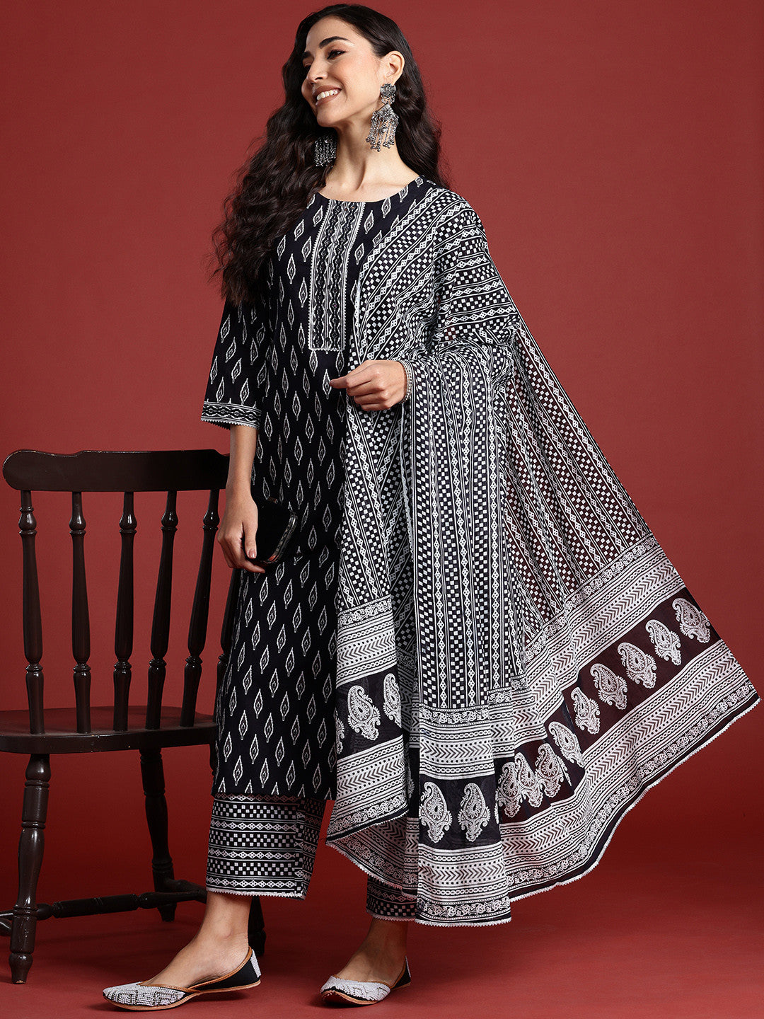 Printed Mirror Work Pure Cotton Kurta With Palazzos & Dupatta