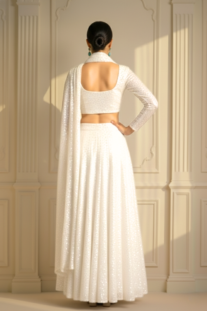 Dhiyona ST 3 pc Set - Cloud Dancer Irredecent Sequin Lehenga with Dupatta with Blouse Fabric