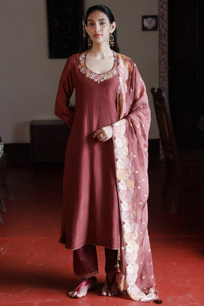 Women's Fired Brick Silk Embroidered Salwar Suit