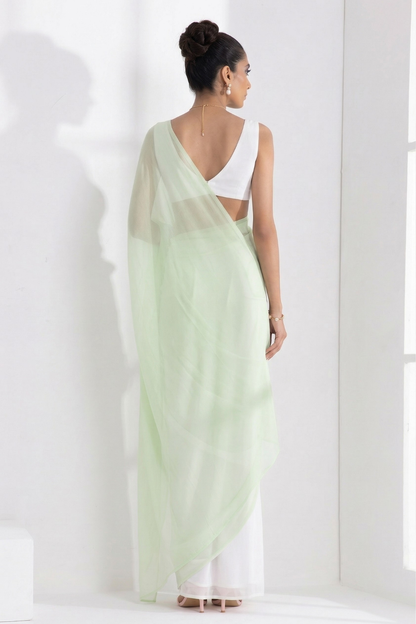 Dhiyona ST White and Sage Green Saree with Blouse Fabric