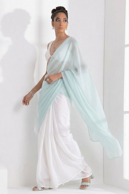 Dhiyona ST White and Light Blue Saree with Blouse Fabric
