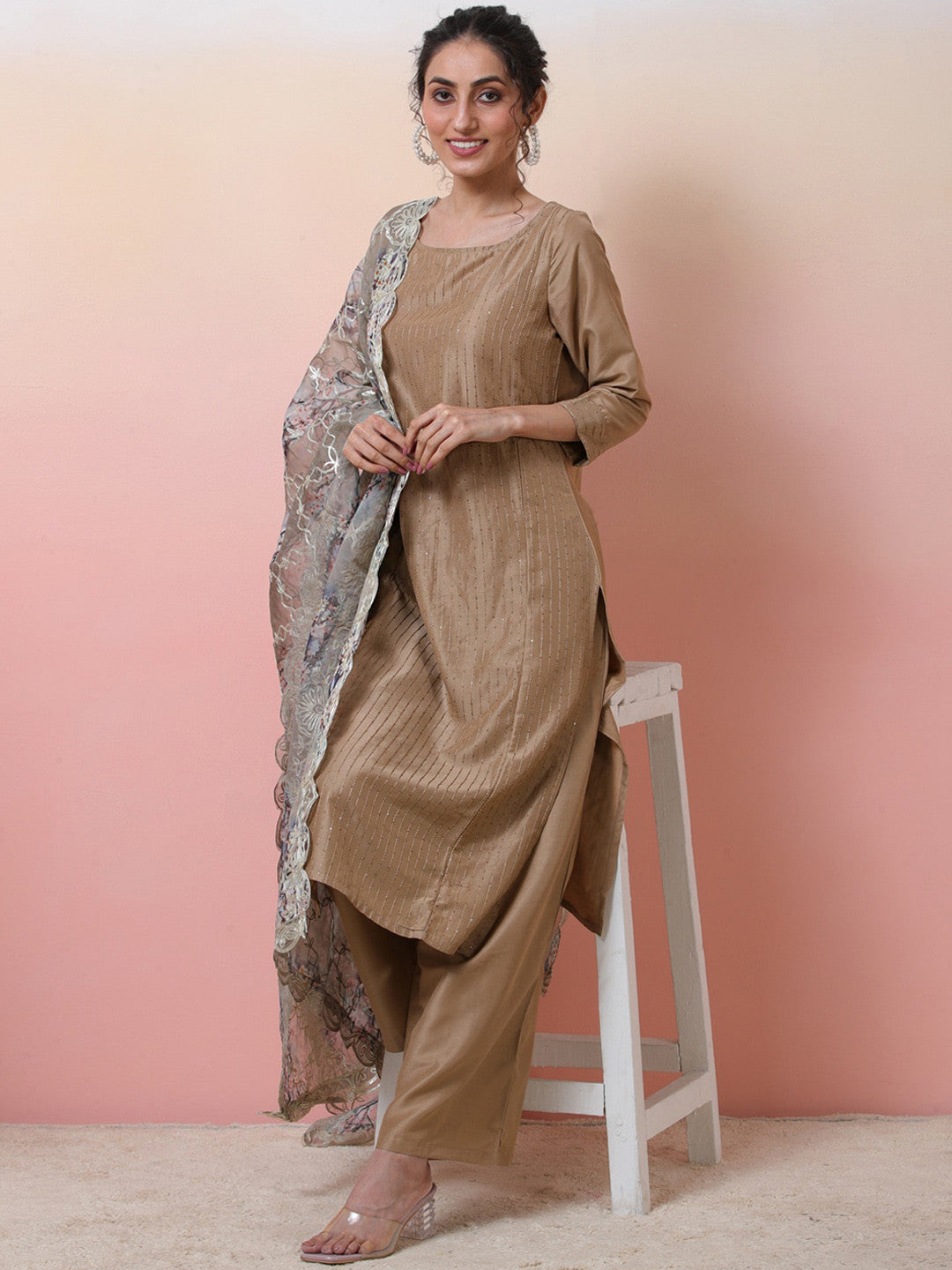Striped Embroidered Boat Neck Sequinned Straight Kurta With Palazzo & Dupatta