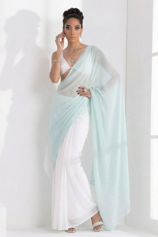 Dhiyona ST White and Light Blue Saree with Blouse Fabric