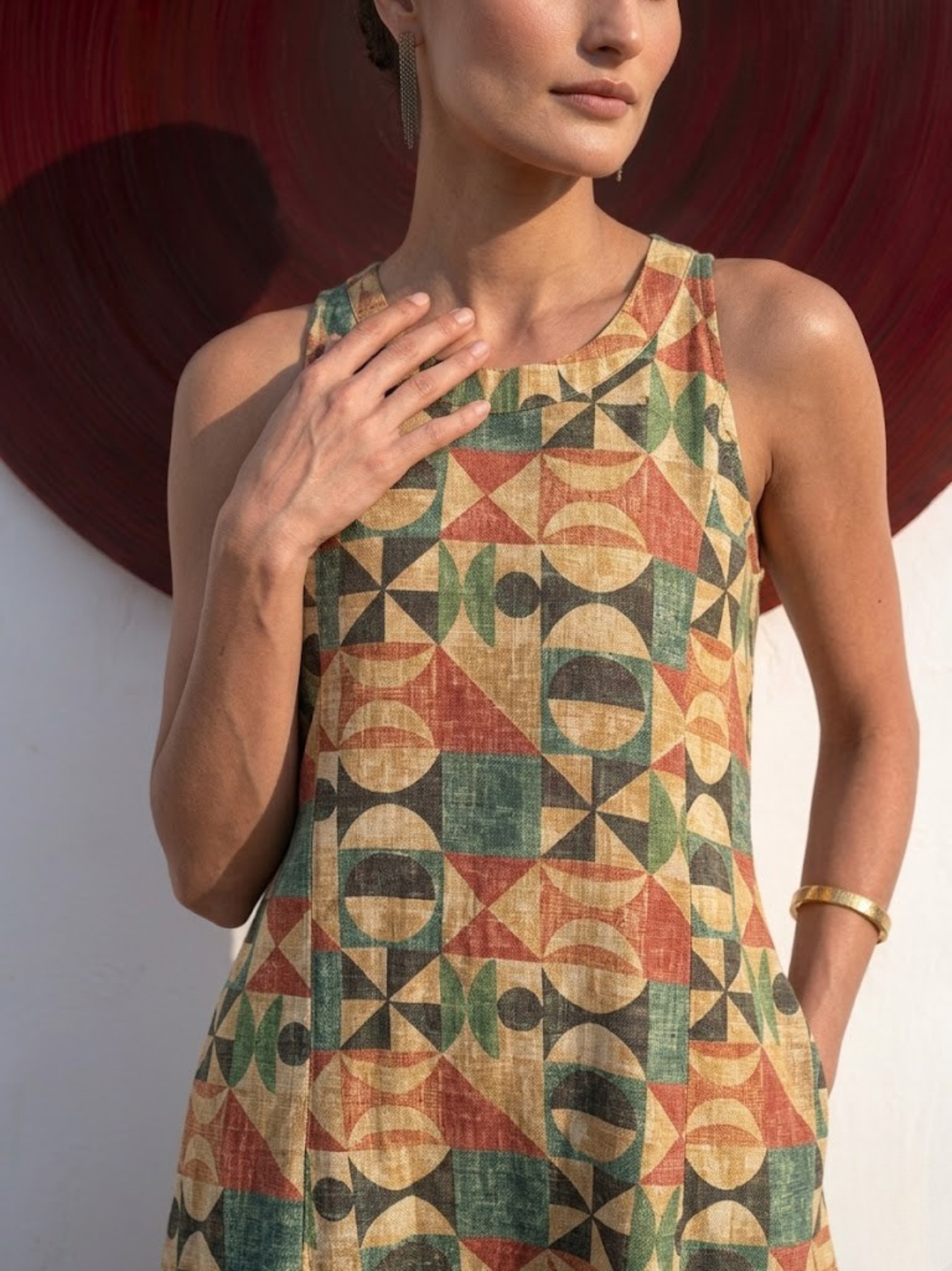 Dhiyona ST 2 pc SET - Geometric Multicolor Printed Linen Sleeveless Kurta and Pant
