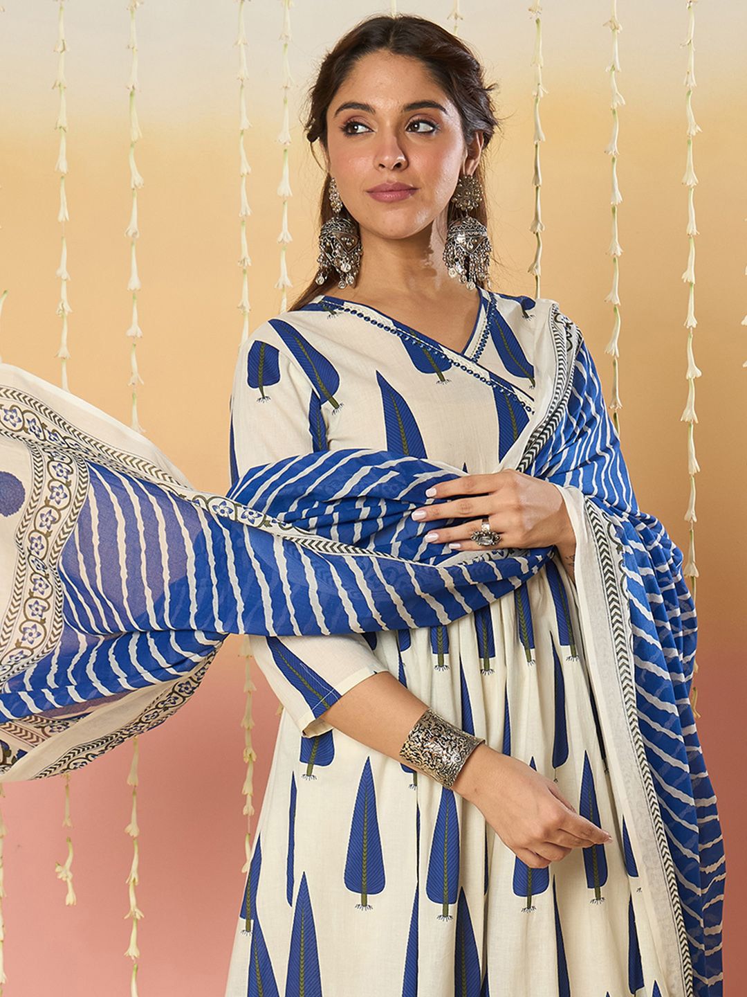 Dhiyona IE Ethnic Motifs Printed Angrakha A-Line Pure Cotton Kurta With Trousers & Dupatta