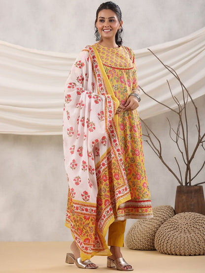 Dhiyona RR Women's Floral Printed Sequined Anarkali Pure Cotton Kurta with Trousers & Dupatta