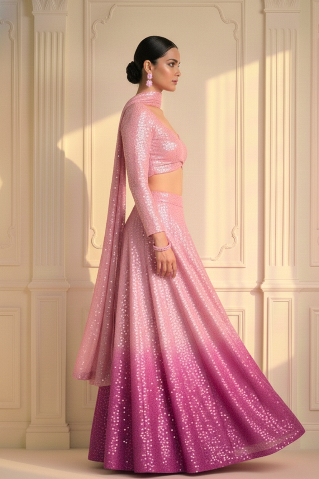 Dhiyona ST 3 pc Set - Barbie Pink Ombre Sequin Lehenga with Dupatta with Blouse Fabric