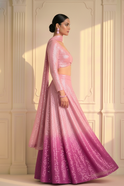Dhiyona ST 3 pc Set - Barbie Pink Ombre Sequin Lehenga with Dupatta with Blouse Fabric