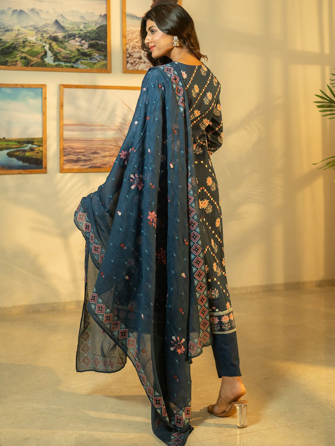 Floral Printed Beads & Stones Pure Cotton A-Line Kurta With Trousers & Dupatta