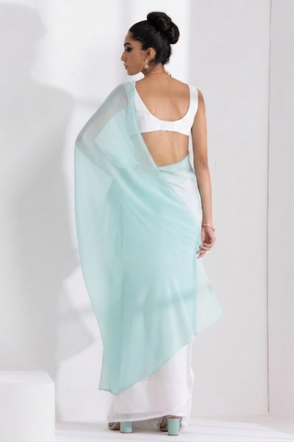 Dhiyona ST White and Light Blue Saree with Blouse Fabric