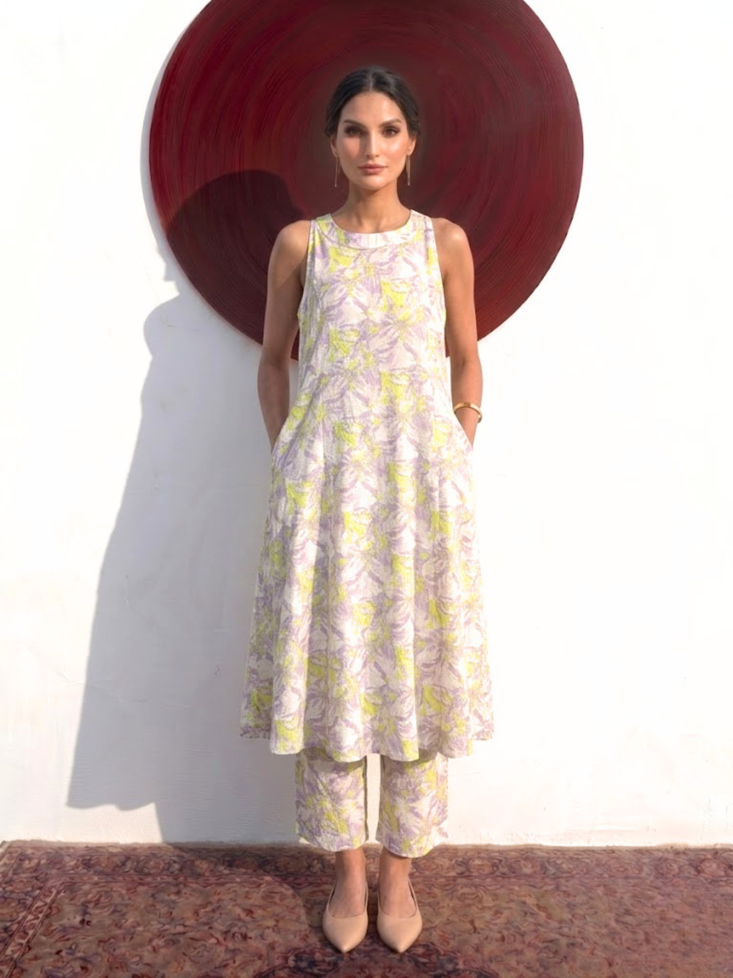 Dhiyona ST 2 pc SET - Lilac and Neon Printed Linen Sleeveless Kurta and Pant