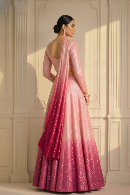Dhiyona ST 3 pc Set - Barbie Pink Ombre Sequin Lehenga with Dupatta with Blouse Fabric