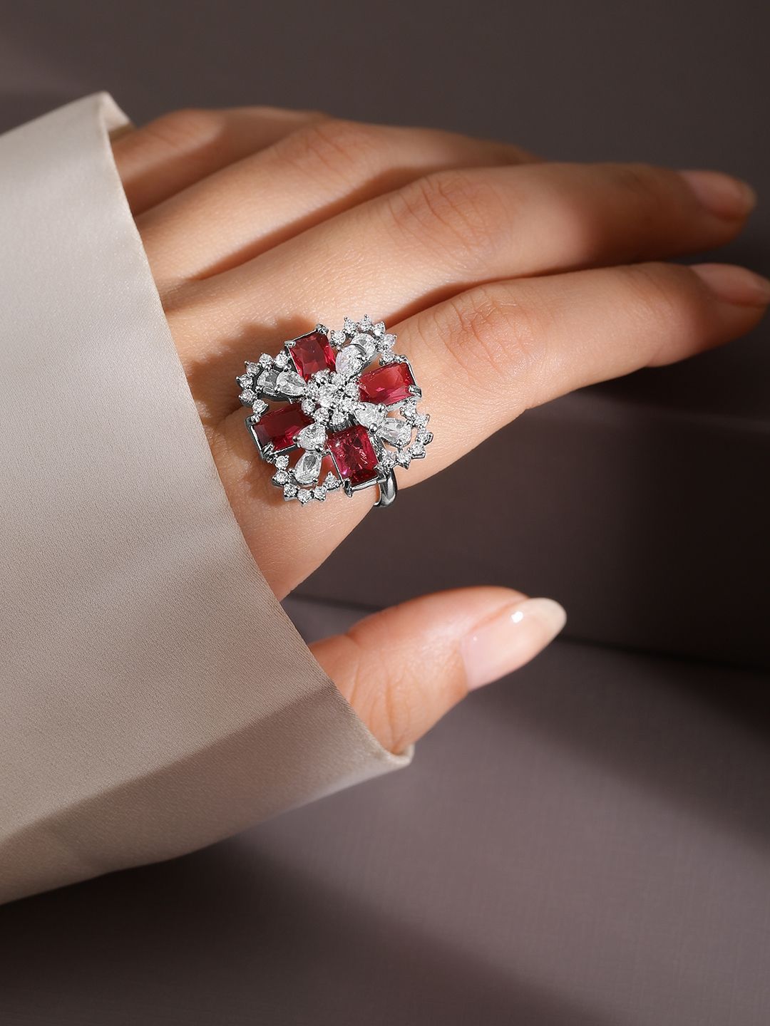 Dhiyona RJ Women's Rhodium-Plated Ruby Pink & White CubicZirconia Studded Floral Cross Adjustable Ring