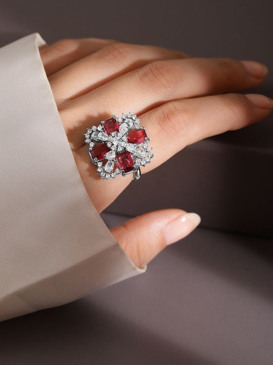 Dhiyona RJ Women's Rhodium-Plated Ruby Pink & White CubicZirconia Studded Floral Cross Adjustable Ring