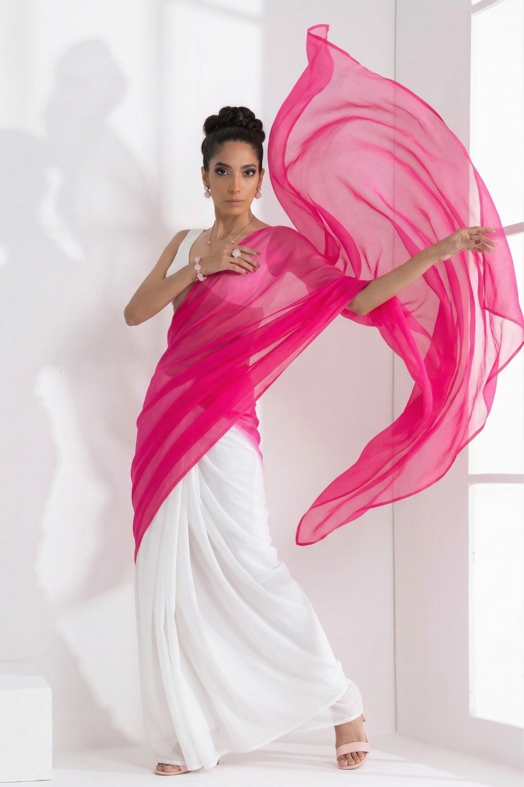 Dhiyona ST White and Neon Pink Saree with Blouse Fabric