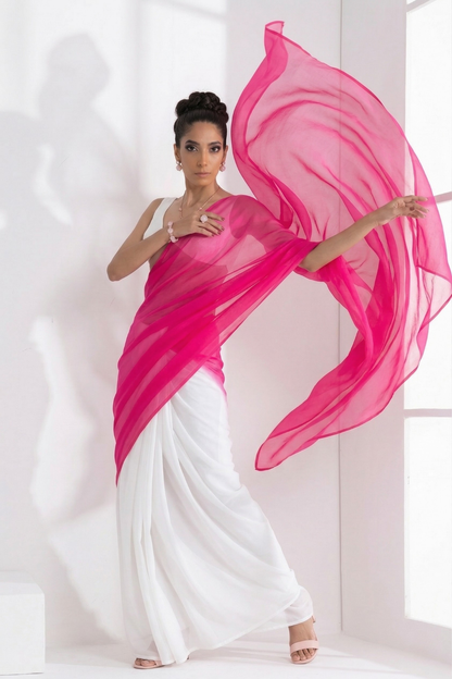 Dhiyona ST White and Neon Pink Saree with Blouse Fabric