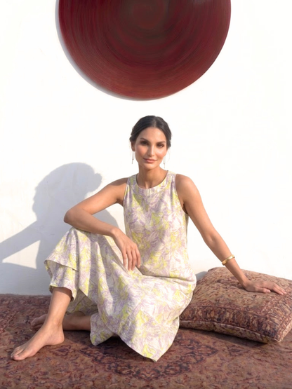 Dhiyona ST 2 pc SET - Lilac and Neon Printed Linen Sleeveless Kurta and Pant