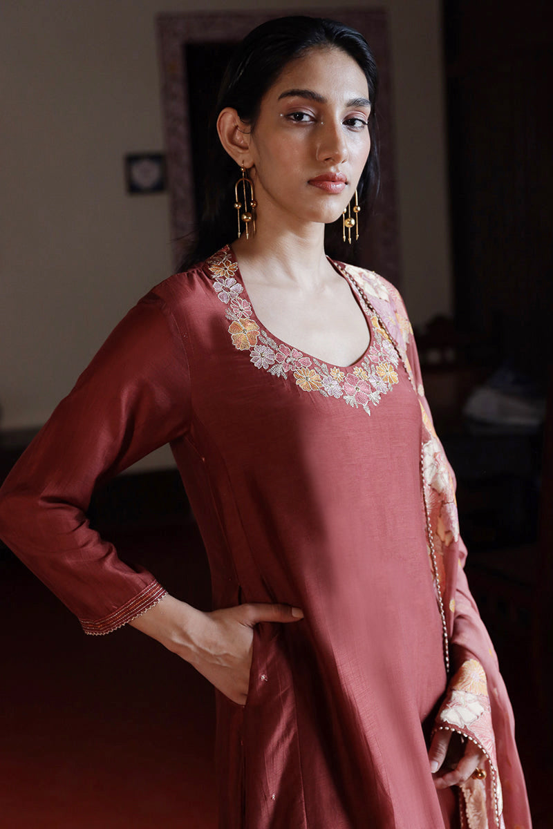 Women's Fired Brick Silk Embroidered Salwar Suit