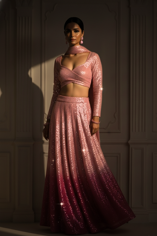 Dhiyona ST 3 pc Set - Barbie Pink Ombre Sequin Lehenga with Dupatta with Blouse Fabric