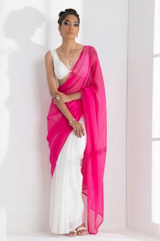 Dhiyona ST White and Neon Pink Saree with Blouse Fabric