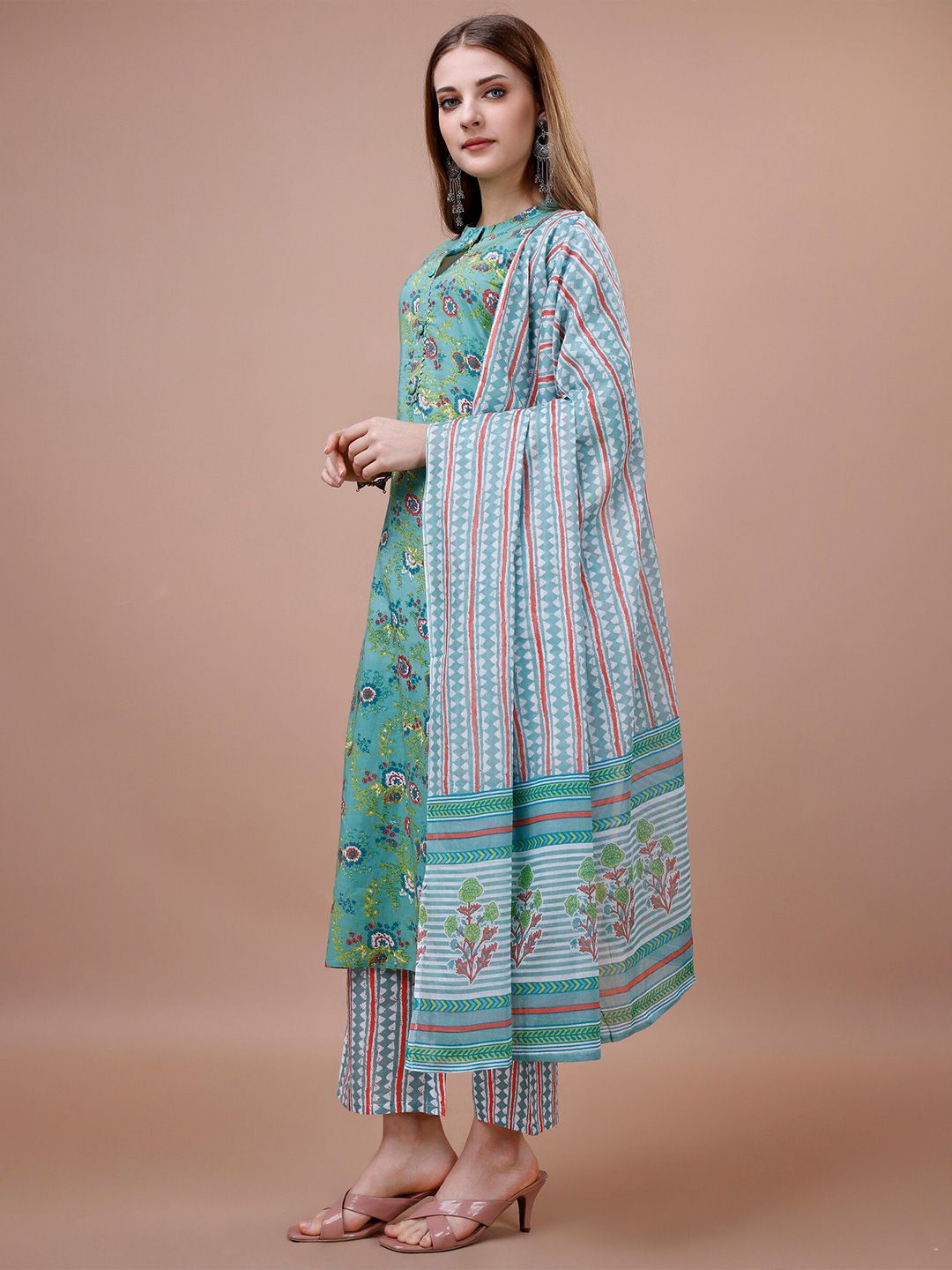 Dhiyona IS Women's Floral Printed Mandarin Collar Pure Cotton Kurta with Trousers & Dupatta