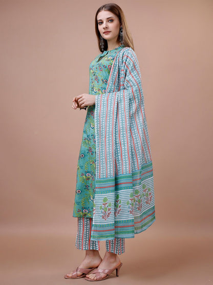 Dhiyona IS Women's Floral Printed Mandarin Collar Pure Cotton Kurta with Trousers & Dupatta