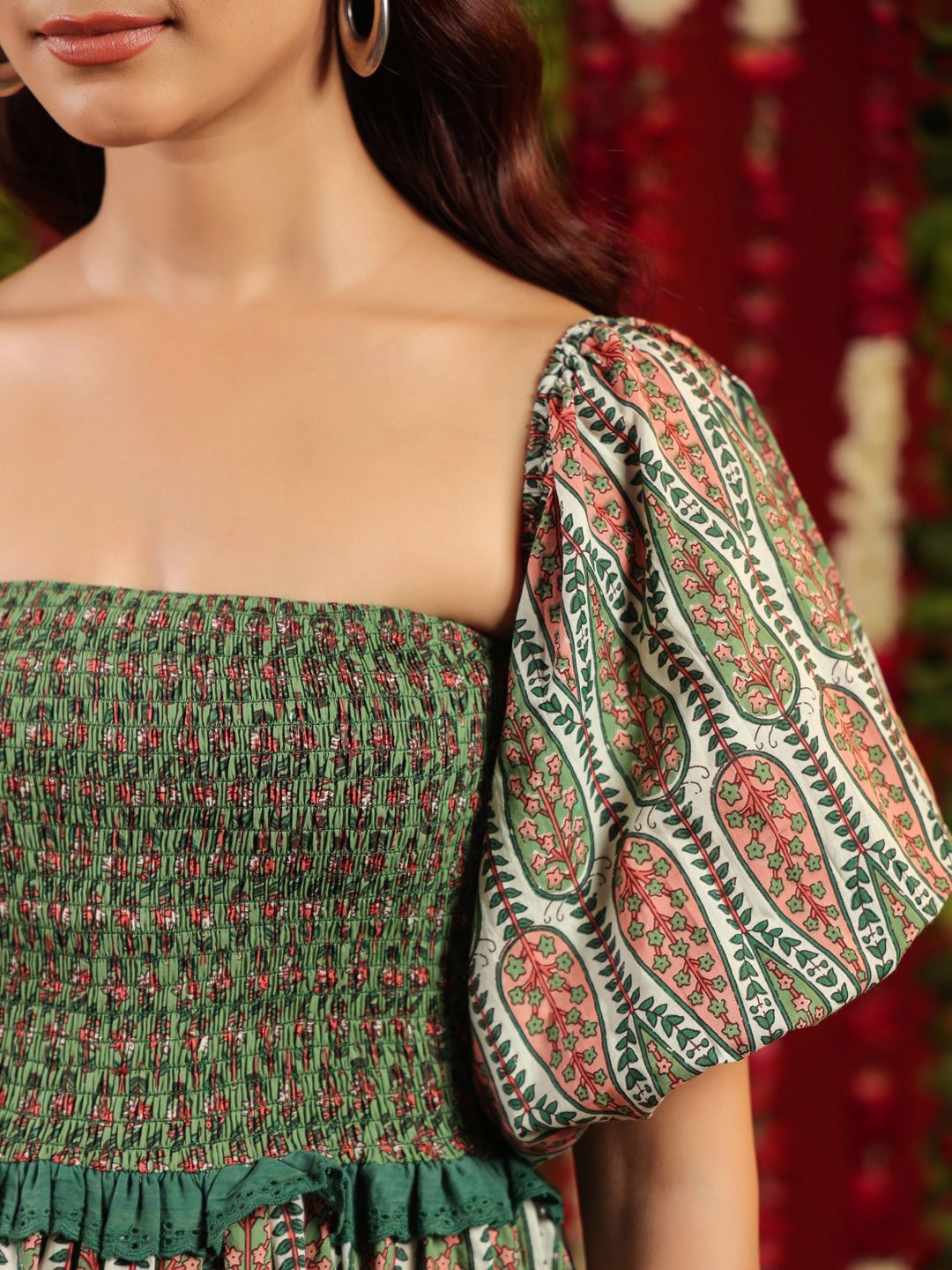 Dhiyona AY Women's Printed Cotton Puff Sleeves Smocked Tier Midi Ethnic Dress With Lace