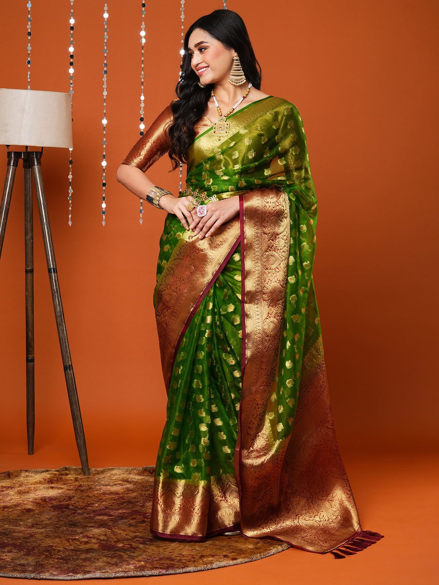 Women's Organza Green Woven Design Designer Saree With Blouse Piece
