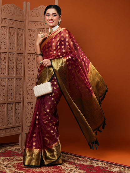 Women's Organza Burgundy Woven Design Designer Saree With Blouse Piece
