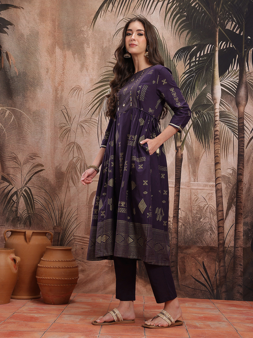Gotta Patti Tribal Printed Yoke Kurta with Trousers with Tie Up Detail