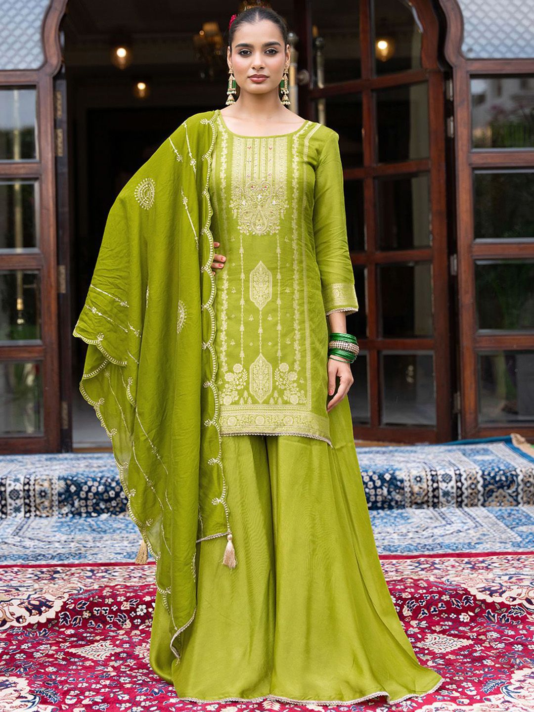 Dhiyona CH Ethnic Motifs Embroidered Thread Work Straight Kurta With Palazzos & Dupatta