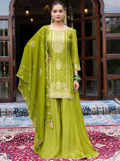 Dhiyona CH Ethnic Motifs Embroidered Thread Work Straight Kurta With Palazzos & Dupatta