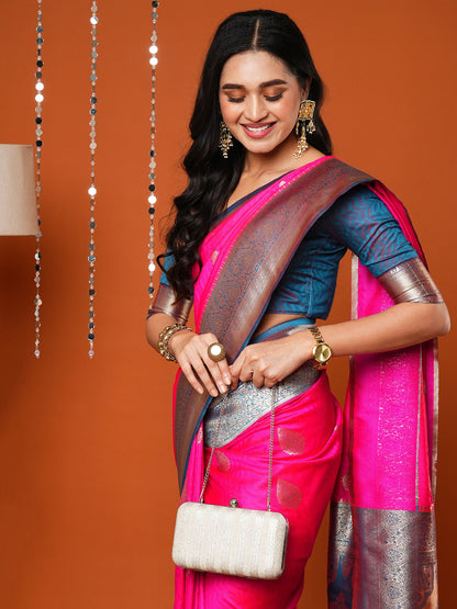 Women's Silk Blend Pink Woven Design Designer Saree With Blouse Piece