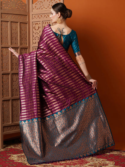Women's Silk Blend Magenta Woven Design Designer Saree With Blouse Piece