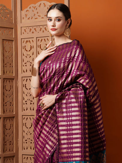 Women's Silk Blend Magenta Woven Design Designer Saree With Blouse Piece