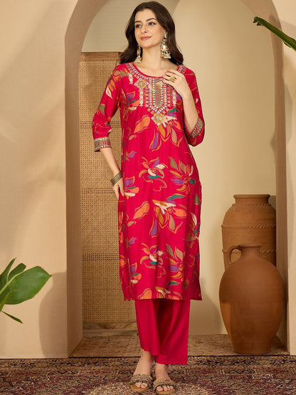 Women Floral Printed Regular Thread Work Kurta with Trousers & With Dupatta