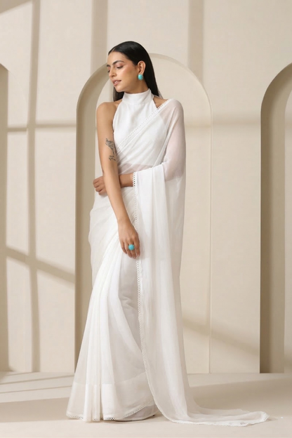 Dhiyona ST White Chiffon Saree with Lace and Blouse Fabric