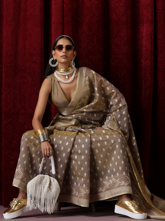 Dhiyona ST Scindia Grey Cotton Silk Dual Shade Saree with Blouse Fabric
