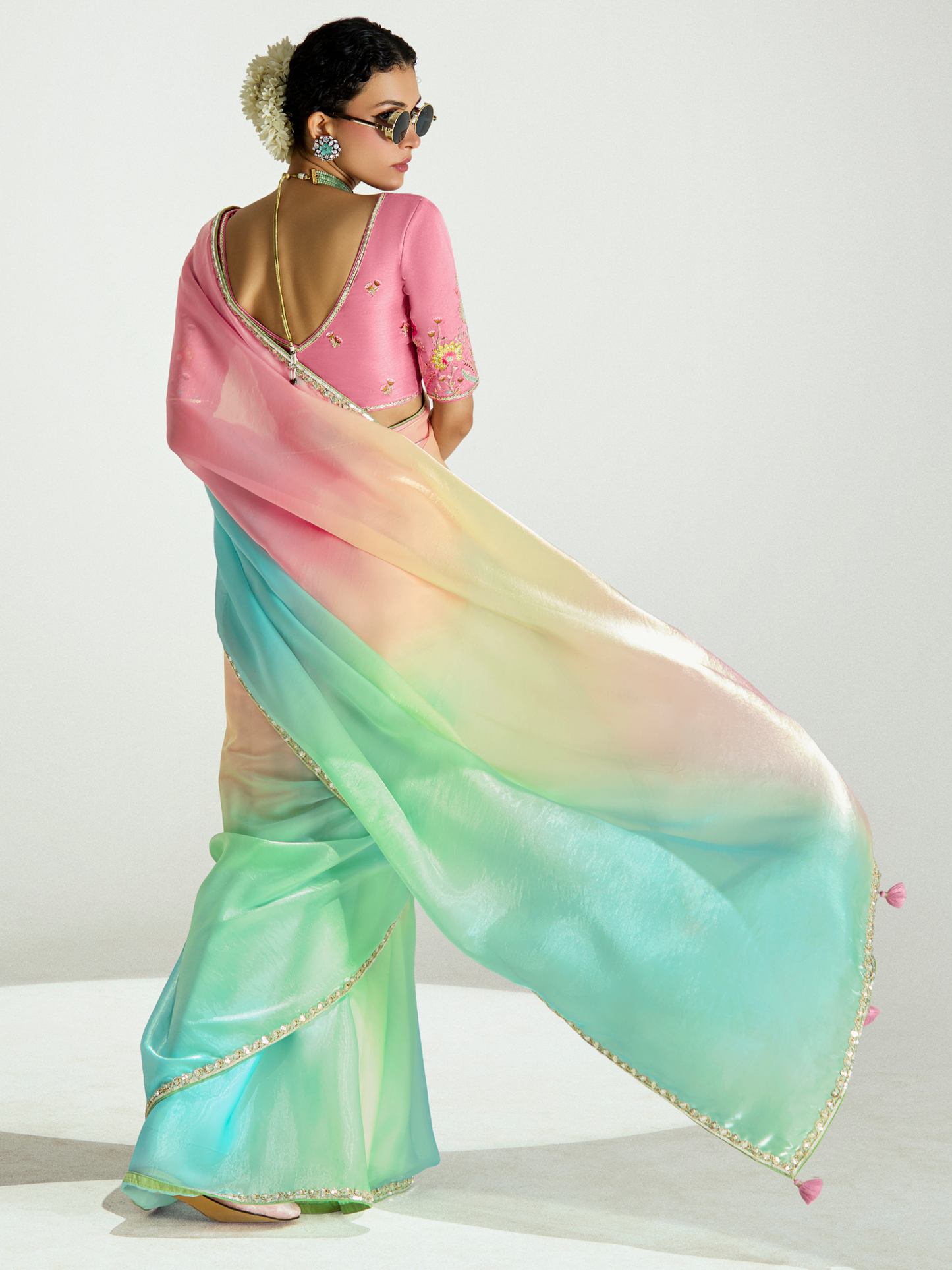 Dhiyona KM Women Rainbow Shade Organza Saree