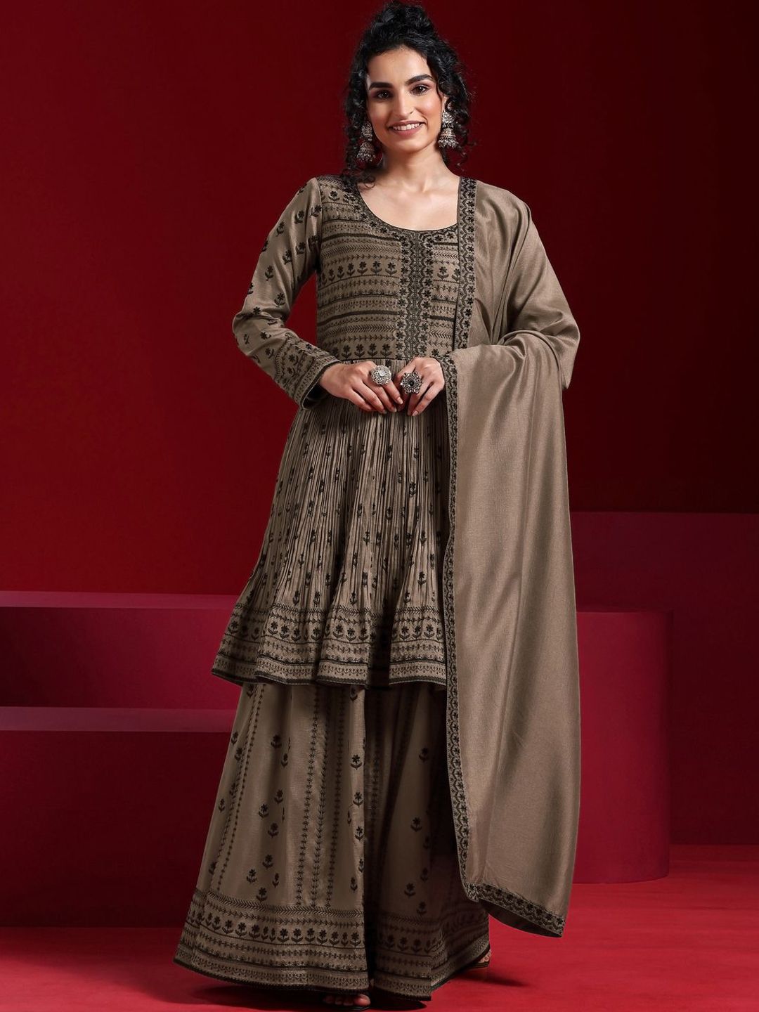 Dhiyona LL Womens Brown Embroidered A-Line Kurta With Sharara & Dupatta