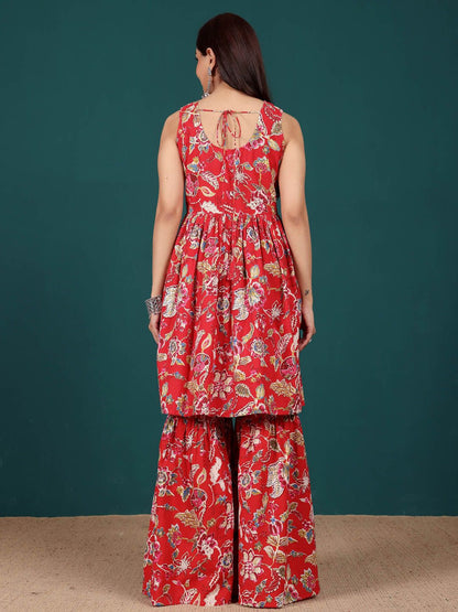 Dhiyona VA Women's Floral Embroidered Regular Thread Work Pure Cotton Kurti with Sharara