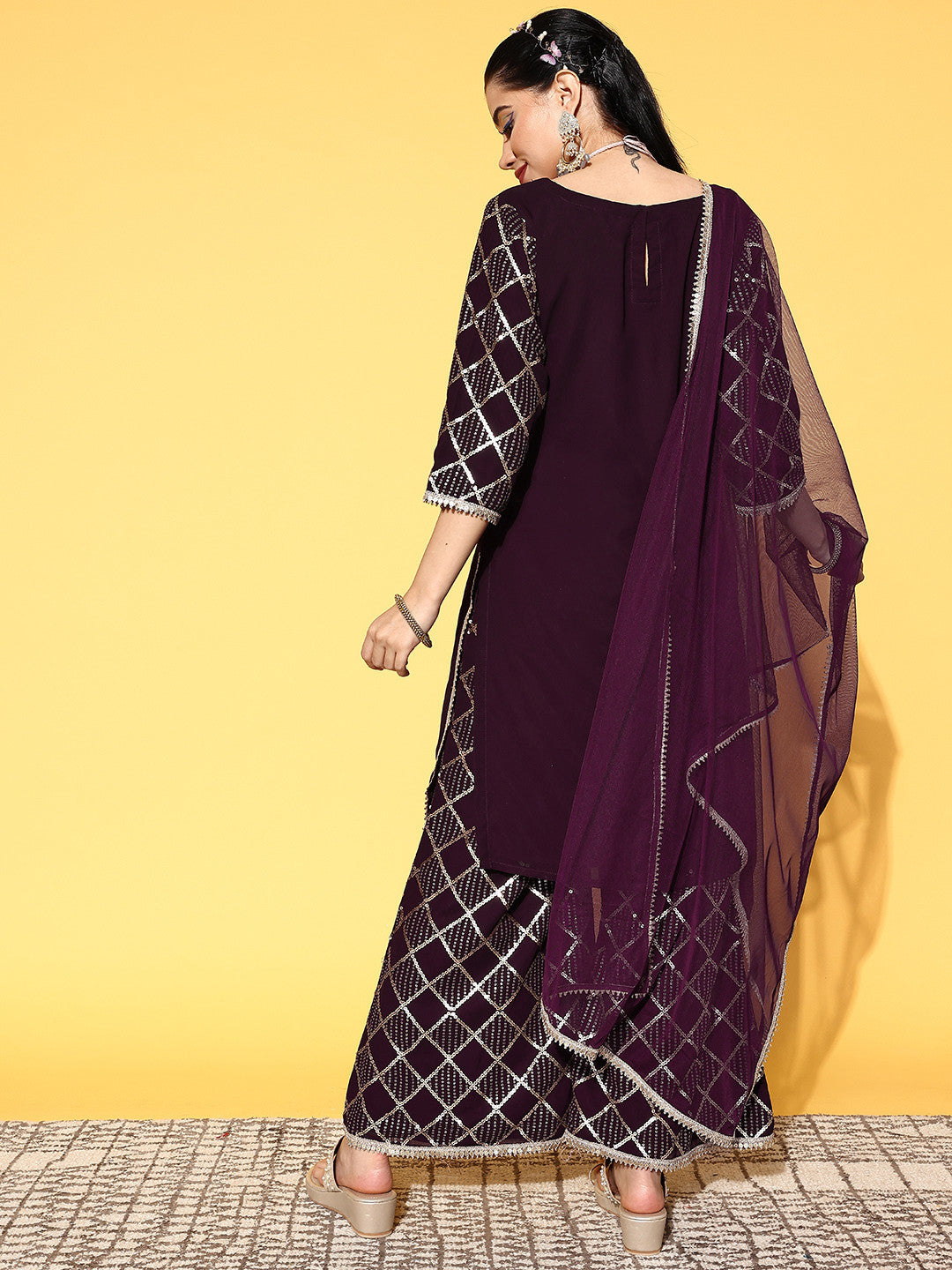 Women Purple Poly Georgette Ethereal Embroidery Kurta Set With Potli