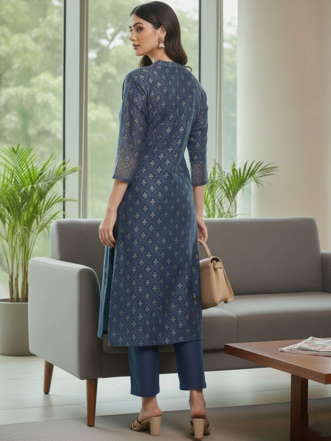 Navy Blue Women Floral Printed Regular Chanderi Silk Kurta with Trousers & With Dupatta