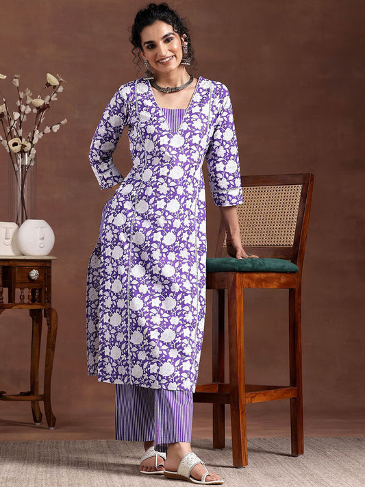 Women Floral Printed Panelled Thread Work Pure Cotton Kurta with Trousers